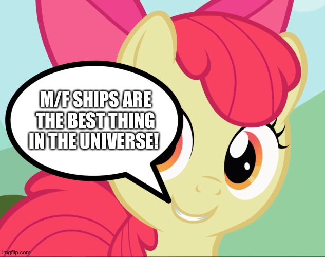 Apple Bloom (MLP) | M/F SHIPS ARE THE BEST THING IN THE UNIVERSE! | image tagged in apple bloom mlp | made w/ Imgflip meme maker