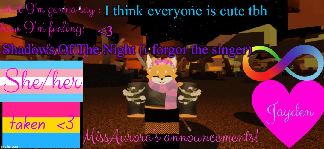 It doesn't matter about the looks, it's all about the personality of the person <3 | I think everyone is cute tbh; Shadows Of The Night (i forgor the singer); <3 | image tagged in missaurora's announcement | made w/ Imgflip meme maker