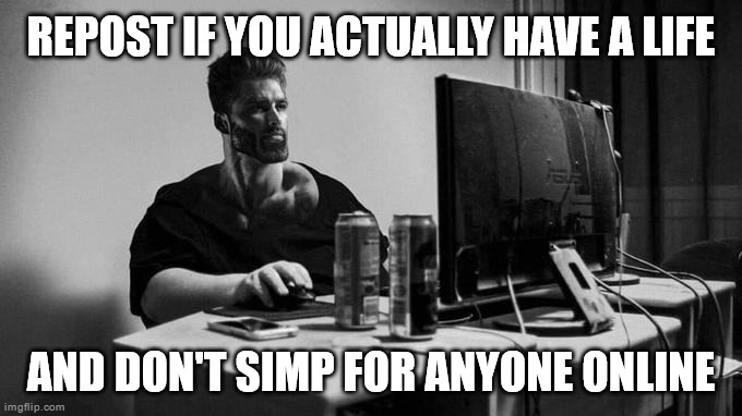 Gigachad On The Computer | REPOST IF YOU ACTUALLY HAVE A LIFE; AND DON'T SIMP FOR ANYONE ONLINE | image tagged in gigachad on the computer | made w/ Imgflip meme maker