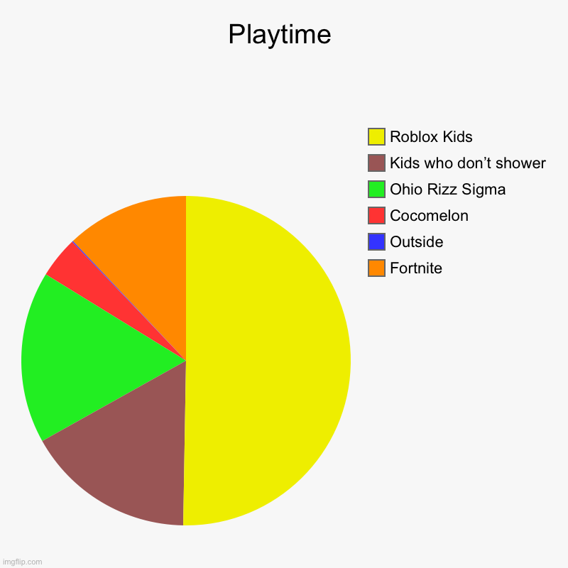 Playtime | Fortnite, Outside, Cocomelon, Ohio Rizz Sigma, Kids who don’t shower, Roblox Kids | image tagged in charts,pie charts | made w/ Imgflip chart maker