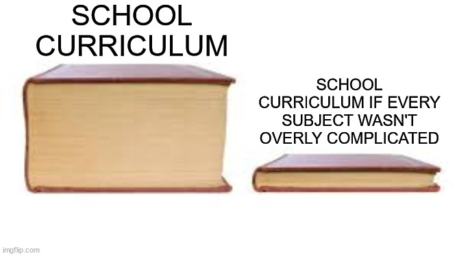 why is school so complicated | SCHOOL CURRICULUM; SCHOOL CURRICULUM IF EVERY SUBJECT WASN'T OVERLY COMPLICATED | image tagged in big book small book,school,curriculum,complicated,school meme,school memes | made w/ Imgflip meme maker