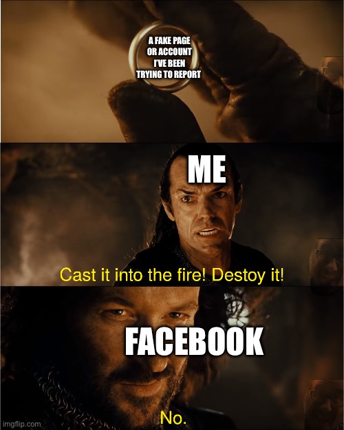 cast it into the fire | A FAKE PAGE OR ACCOUNT I’VE BEEN TRYING TO REPORT; ME; FACEBOOK | image tagged in cast it into the fire | made w/ Imgflip meme maker