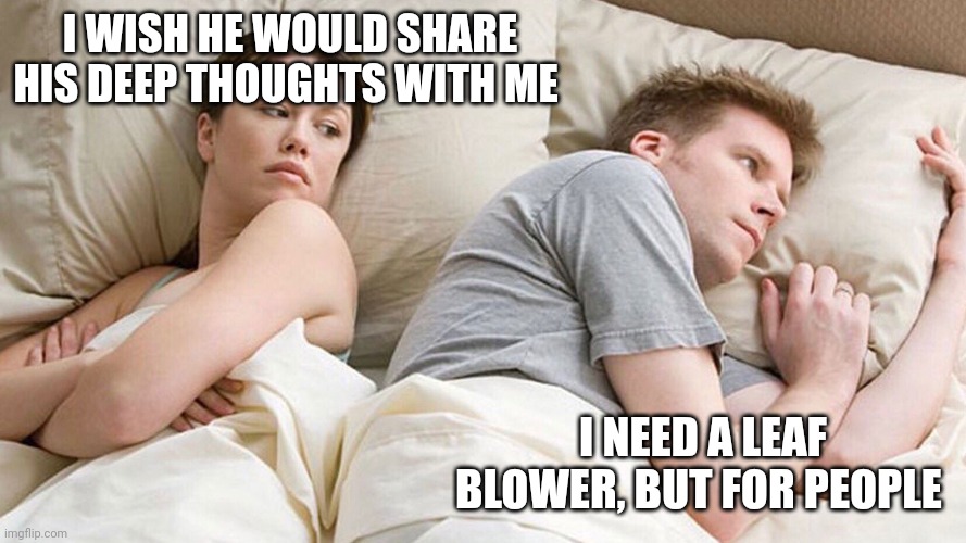 He's probably thinking about girls | I WISH HE WOULD SHARE HIS DEEP THOUGHTS WITH ME; I NEED A LEAF BLOWER, BUT FOR PEOPLE | image tagged in he's probably thinking about girls | made w/ Imgflip meme maker