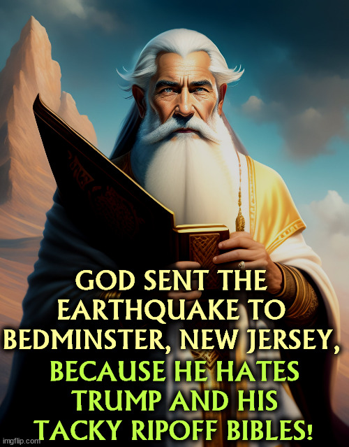 GOD SENT THE EARTHQUAKE TO BEDMINSTER, NEW JERSEY, BECAUSE HE HATES TRUMP AND HIS TACKY RIPOFF BIBLES! | image tagged in god,earthquake,new jersey,trump,ripoff,bible | made w/ Imgflip meme maker