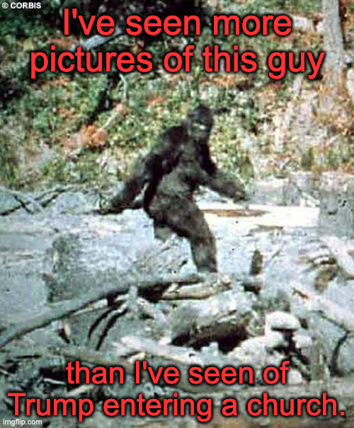 Bigfoot vs Trump going to church | I've seen more pictures of this guy; than I've seen of Trump entering a church. | image tagged in bigfoot | made w/ Imgflip meme maker