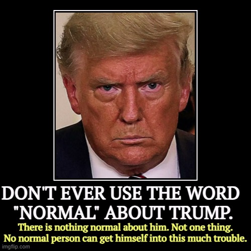 DON'T EVER USE THE WORD 
"NORMAL" ABOUT TRUMP. | There is nothing normal about him. Not one thing.
No normal person can get himself into thi | image tagged in funny,demotivationals | made w/ Imgflip demotivational maker