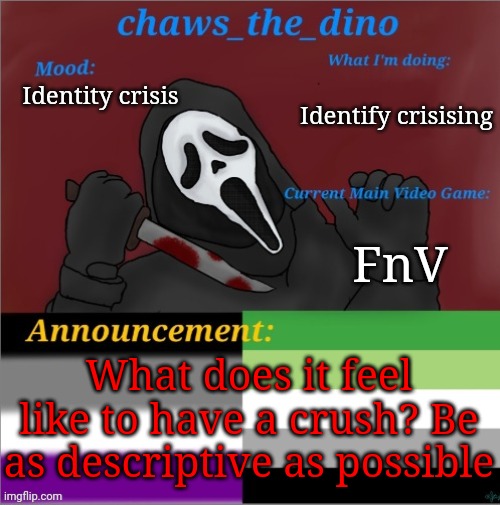 I'm confused again | Identify crisising; Identity crisis; FnV; What does it feel like to have a crush? Be as descriptive as possible | image tagged in chaws_the_dino announcement temp | made w/ Imgflip meme maker