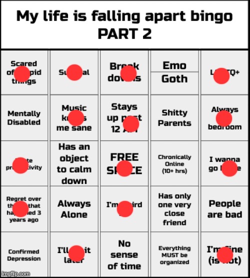 I feel like going into an emo phase | image tagged in my life is falling apart bingo part 2 | made w/ Imgflip meme maker
