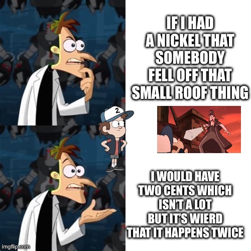 Dr. Doofenshmirtz "If I Had A Nickel" | IF I HAD A NICKEL THAT SOMEBODY FELL OFF THAT SMALL ROOF THING; I WOULD HAVE TWO CENTS WHICH ISN’T A LOT BUT IT’S WIERD THAT IT HAPPENS TWICE | image tagged in dr doofenshmirtz if i had a nickel | made w/ Imgflip meme maker