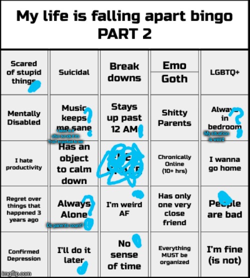 I'm not sure if it's good or bad that I didn't get a bingo | I listen to it often but idk if it's THAT important to me; My situation is weird; Do parents count? | image tagged in my life is falling apart bingo part 2 | made w/ Imgflip meme maker