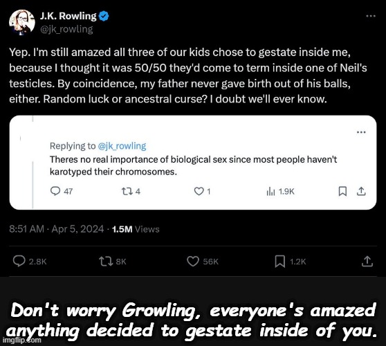 This lady is ... unhinged and cruel. | Don't worry Growling, everyone's amazed anything decided to gestate inside of you. | image tagged in lgbtq,jk rowling,transgender,transsexual | made w/ Imgflip meme maker