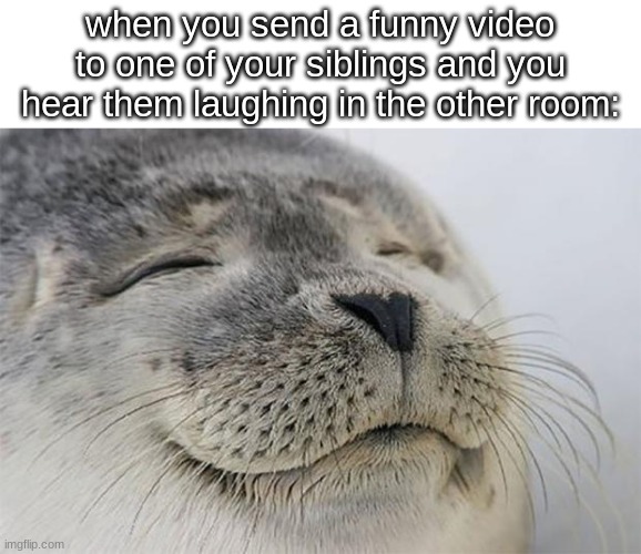 Satisfied Seal Meme | when you send a funny video to one of your siblings and you hear them laughing in the other room: | image tagged in memes,satisfied seal,funny,siblings | made w/ Imgflip meme maker