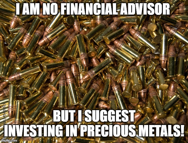Kind a Sort a Not Really investment advice | I AM NO FINANCIAL ADVISOR; BUT I SUGGEST INVESTING IN PRECIOUS METALS! | image tagged in precious,metal,ammo,apocalypse,prepping,personal finance | made w/ Imgflip meme maker