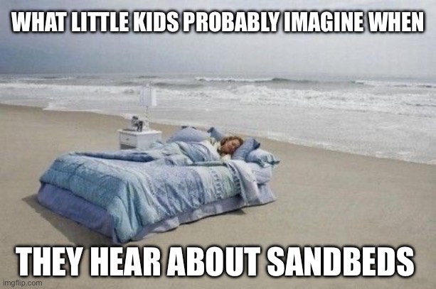 Sandbeds | WHAT LITTLE KIDS PROBABLY IMAGINE WHEN; THEY HEAR ABOUT SANDBEDS | image tagged in summer heat sleeping,sand,sandbeds,beach,bed,kids are stupid | made w/ Imgflip meme maker