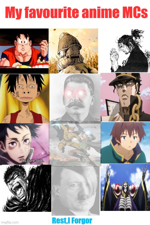 How's this??(Not in order because you know my boy luffy is best) | My favourite anime MCs; Rest,I Forgor | image tagged in front page plz,memes,anime | made w/ Imgflip meme maker