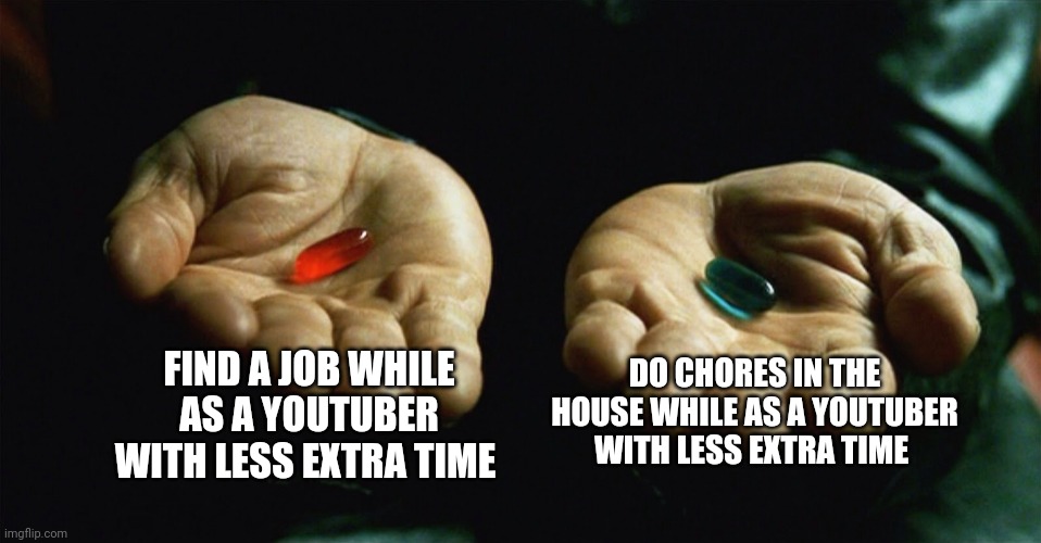 Red pill blue pill | FIND A JOB WHILE AS A YOUTUBER WITH LESS EXTRA TIME; DO CHORES IN THE HOUSE WHILE AS A YOUTUBER WITH LESS EXTRA TIME | image tagged in red pill blue pill | made w/ Imgflip meme maker