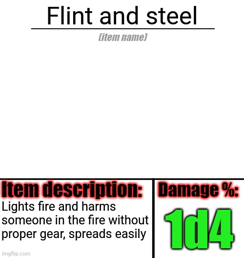 Item-shop template | Flint and steel Lights fire and harms someone in the fire without proper gear, spreads easily 1d4 | image tagged in item-shop template | made w/ Imgflip meme maker
