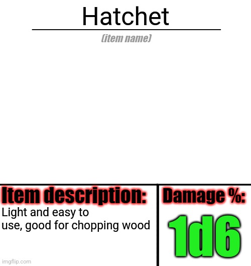 Item-shop template | Hatchet Light and easy to use, good for chopping wood 1d6 | image tagged in item-shop template | made w/ Imgflip meme maker