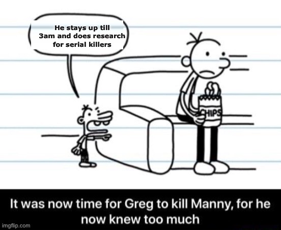 Me fr: | He stays up till 3am and does research for serial killers | image tagged in it was now time for greg to kill manny for he now knew too much | made w/ Imgflip meme maker