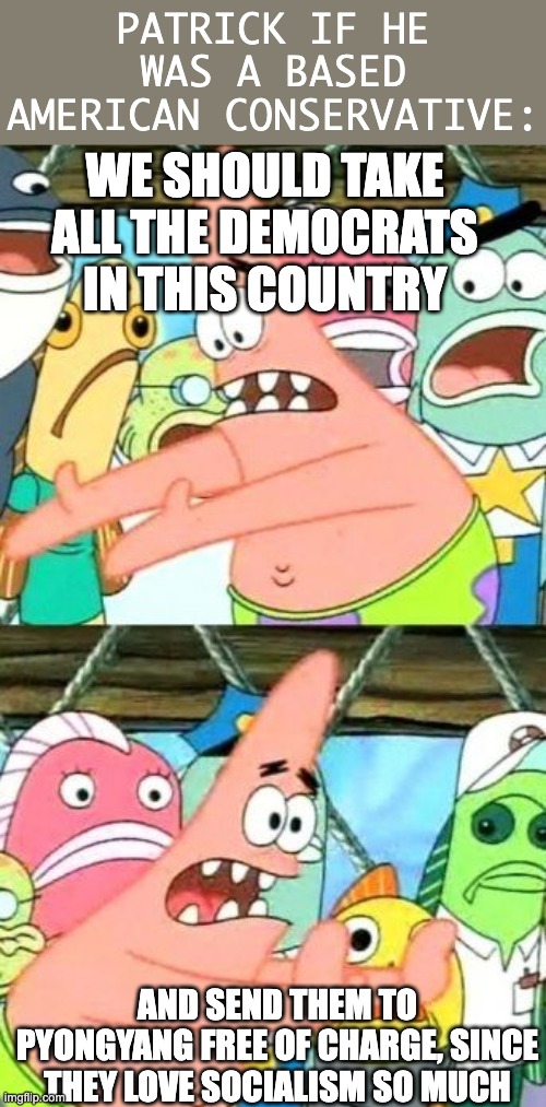 Put It Somewhere Else Patrick | PATRICK IF HE WAS A BASED AMERICAN CONSERVATIVE:; WE SHOULD TAKE ALL THE DEMOCRATS IN THIS COUNTRY; AND SEND THEM TO PYONGYANG FREE OF CHARGE, SINCE THEY LOVE SOCIALISM SO MUCH | image tagged in memes,put it somewhere else patrick,conservative,conservatism,patrick,spongebob | made w/ Imgflip meme maker