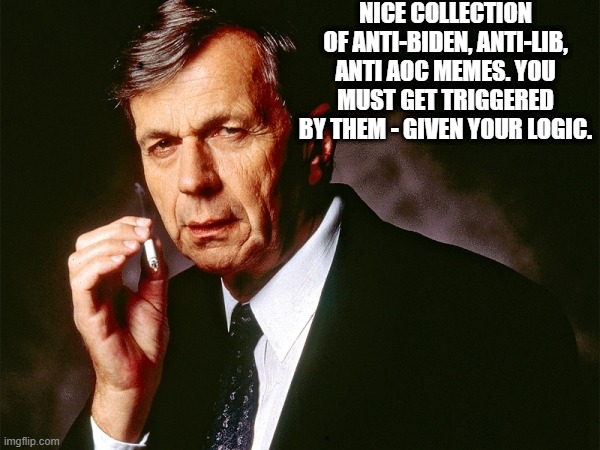 Cigarette Smoking Man | NICE COLLECTION OF ANTI-BIDEN, ANTI-LIB, ANTI AOC MEMES. YOU MUST GET TRIGGERED BY THEM - GIVEN YOUR LOGIC. | image tagged in cigarette smoking man | made w/ Imgflip meme maker