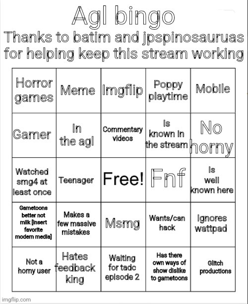 I made it, feel free to do it | image tagged in official agl bingo | made w/ Imgflip meme maker