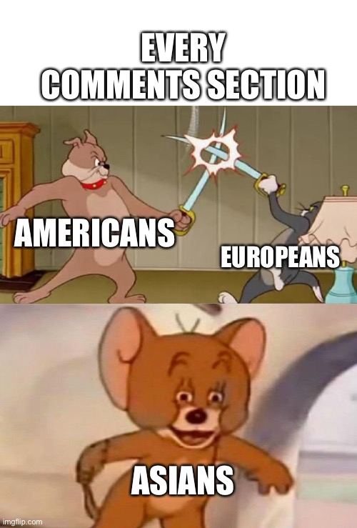 Almost everywhere | EVERY COMMENTS SECTION; AMERICANS; EUROPEANS; ASIANS | image tagged in tom and jerry swordfight | made w/ Imgflip meme maker