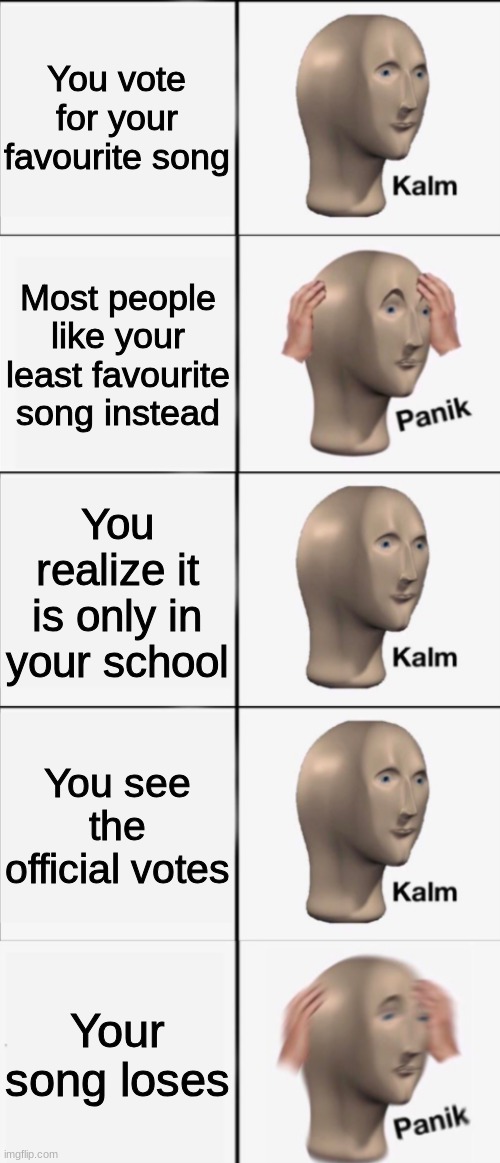 Kalm, Panik, Kalm, Kalm, wait what? PANIK!!!!! | You vote for your favourite song; Most people like your least favourite song instead; You realize it is only in your school; You see the official votes; Your song loses | image tagged in kalm panik kalm kalm wait what panik | made w/ Imgflip meme maker
