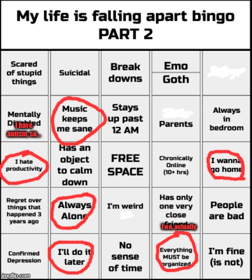 GM chat, I guess??? | I have autism, so... Two, actually | image tagged in my life is falling apart bingo part 2 | made w/ Imgflip meme maker