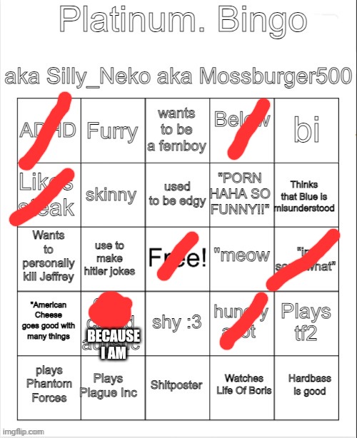 Platinum. bingo | BECAUSE I AM | image tagged in platinum bingo | made w/ Imgflip meme maker