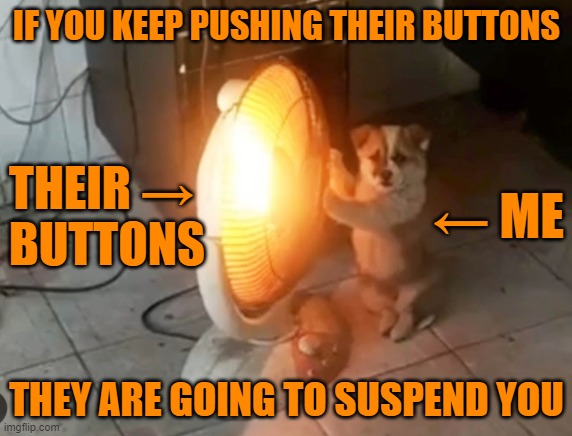 Button Pusher | IF YOU KEEP PUSHING THEIR BUTTONS; THEIR →
BUTTONS; ← ME; THEY ARE GOING TO SUSPEND YOU | image tagged in suspension,banned,triggered,overly sensitive,offensive | made w/ Imgflip meme maker