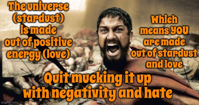 That | The universe (stardust) is made out of positive energy (love); Which means YOU are made out of stardust and love; Quit mucking it up with negativity and hate | image tagged in memes,sparta leonidas,what he said,wait that's illegal,wait what,be happy damn it | made w/ Imgflip meme maker