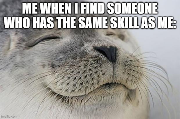 Satisfied Seal | ME WHEN I FIND SOMEONE WHO HAS THE SAME SKILL AS ME: | image tagged in memes,satisfied seal | made w/ Imgflip meme maker