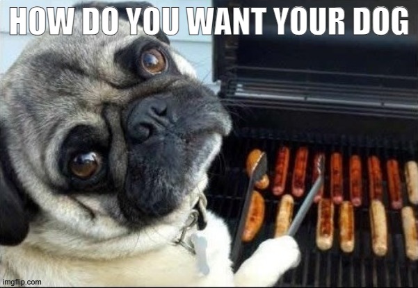 BBQ | HOW DO YOU WANT YOUR DOG | image tagged in dog,dogs,hotdogs,bbq,cooking | made w/ Imgflip meme maker