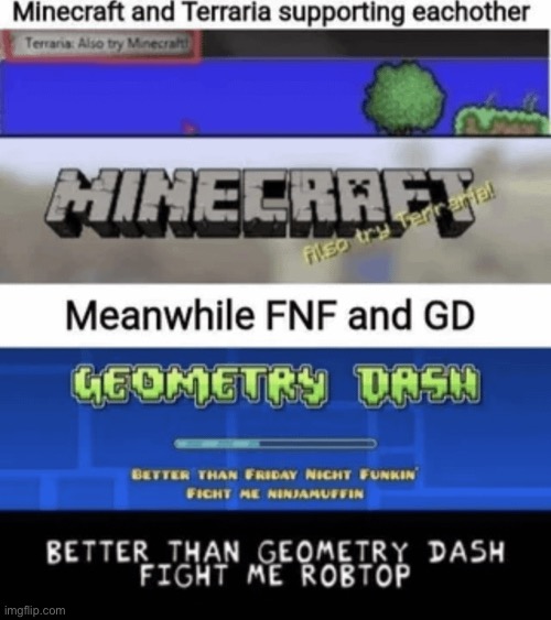 Lmao | image tagged in friday night funkin,geometry,minecraft,terraria | made w/ Imgflip meme maker
