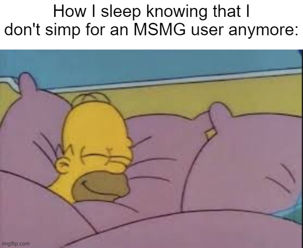 how i sleep homer simpson | How I sleep knowing that I don't simp for an MSMG user anymore: | image tagged in how i sleep homer simpson | made w/ Imgflip meme maker