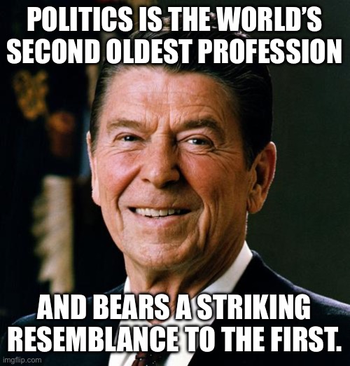 Ronald Reagan face | POLITICS IS THE WORLD’S SECOND OLDEST PROFESSION AND BEARS A STRIKING RESEMBLANCE TO THE FIRST. | image tagged in ronald reagan face | made w/ Imgflip meme maker