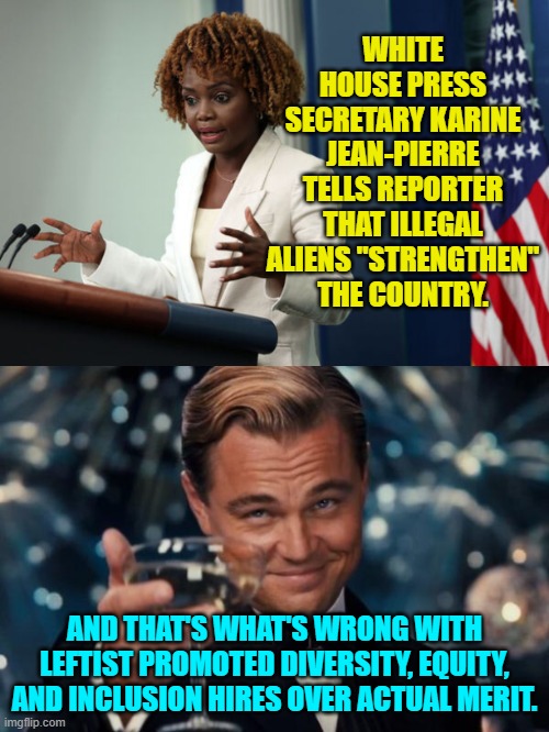 Unlike what leftists think; it ain't rocket science. | WHITE HOUSE PRESS SECRETARY KARINE JEAN-PIERRE TELLS REPORTER THAT ILLEGAL ALIENS "STRENGTHEN" THE COUNTRY. AND THAT'S WHAT'S WRONG WITH LEFTIST PROMOTED DIVERSITY, EQUITY, AND INCLUSION HIRES OVER ACTUAL MERIT. | image tagged in yep | made w/ Imgflip meme maker