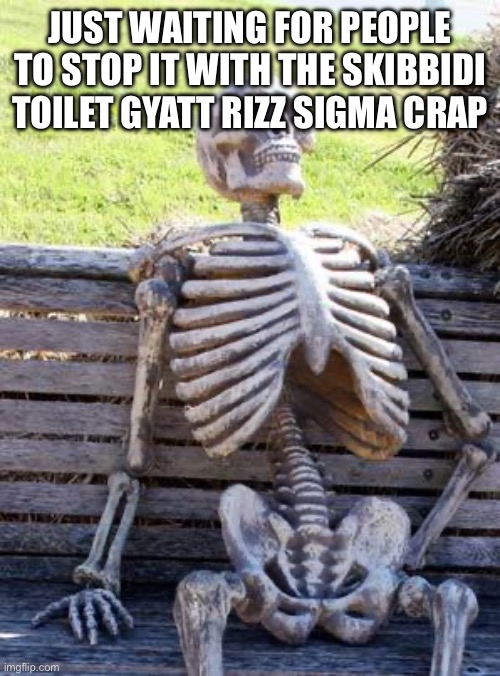 Seriously though | JUST WAITING FOR PEOPLE TO STOP IT WITH THE SKIBBIDI TOILET GYATT RIZZ SIGMA CRAP | image tagged in memes,waiting skeleton | made w/ Imgflip meme maker