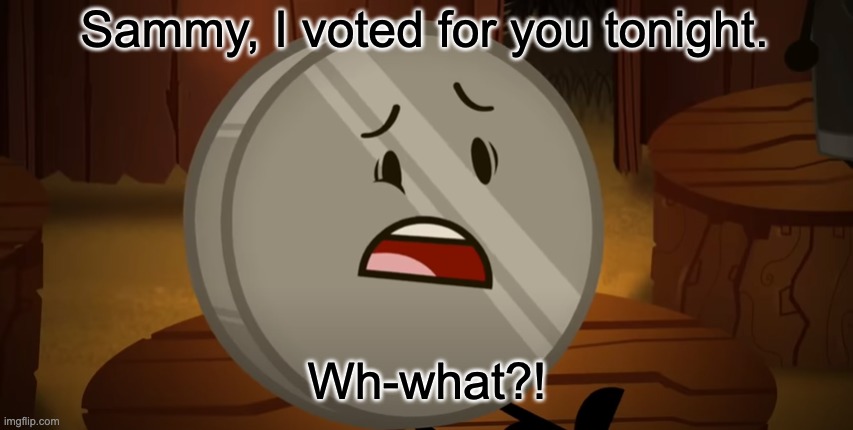 Nickel, I Voted For You Tonight | Sammy, I voted for you tonight. Wh-what?! | image tagged in nickel i voted for you tonight | made w/ Imgflip meme maker