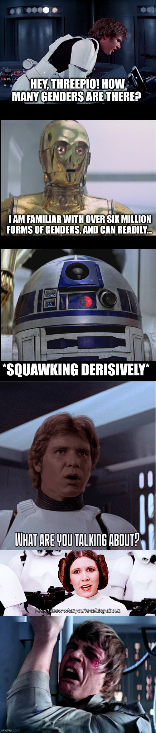 Why Doesn't Anyone Listen To Me? | HEY, THREEPIO! HOW MANY GENDERS ARE THERE? I AM FAMILIAR WITH OVER SIX MILLION FORMS OF GENDERS, AND CAN READILY... *SQUAWKING DERISIVELY* | image tagged in han solo we're all fine here now,star wars c3po this is madness r2d2 madness this is star war,luke skywalker noooo | made w/ Imgflip meme maker