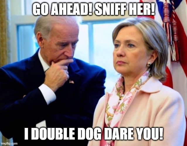 I dare you old man | GO AHEAD! SNIFF HER! I DOUBLE DOG DARE YOU! | image tagged in hillary clinton,the clintons,fjb,sniff,joe biden,i dare you | made w/ Imgflip meme maker