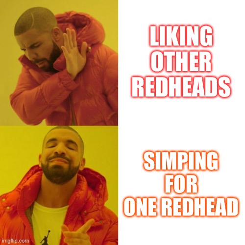 redhead lover | LIKING OTHER REDHEADS; SIMPING FOR ONE REDHEAD | image tagged in drake blank | made w/ Imgflip meme maker