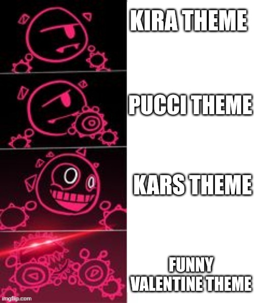 Best jojo villain themes | KIRA THEME; PUCCI THEME; KARS THEME; FUNNY VALENTINE THEME | image tagged in blixer likes | made w/ Imgflip meme maker