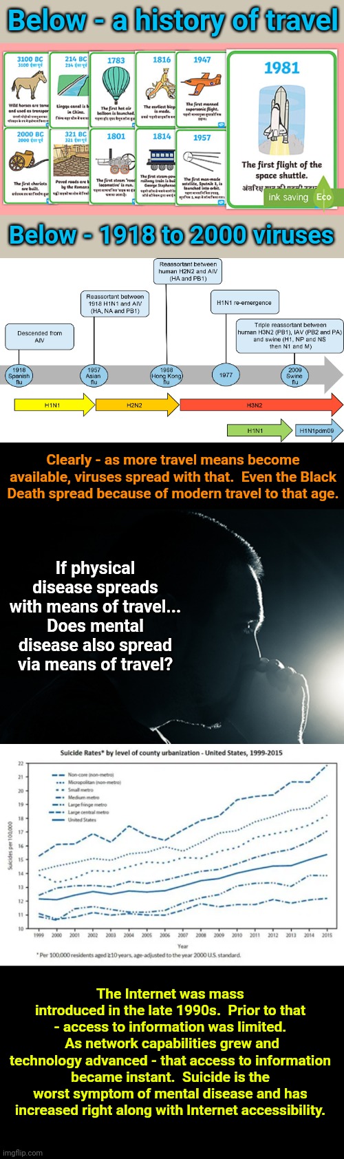Below - a history of travel; Below - 1918 to 2000 viruses; Clearly - as more travel means become available, viruses spread with that.  Even the Black Death spread because of modern travel to that age. If physical disease spreads with means of travel... Does mental disease also spread via means of travel? The Internet was mass introduced in the late 1990s.  Prior to that - access to information was limited.  As network capabilities grew and technology advanced - that access to information became instant.  Suicide is the worst symptom of mental disease and has increased right along with Internet accessibility. | image tagged in mental illness,had enough,internet,virus,traveling | made w/ Imgflip meme maker