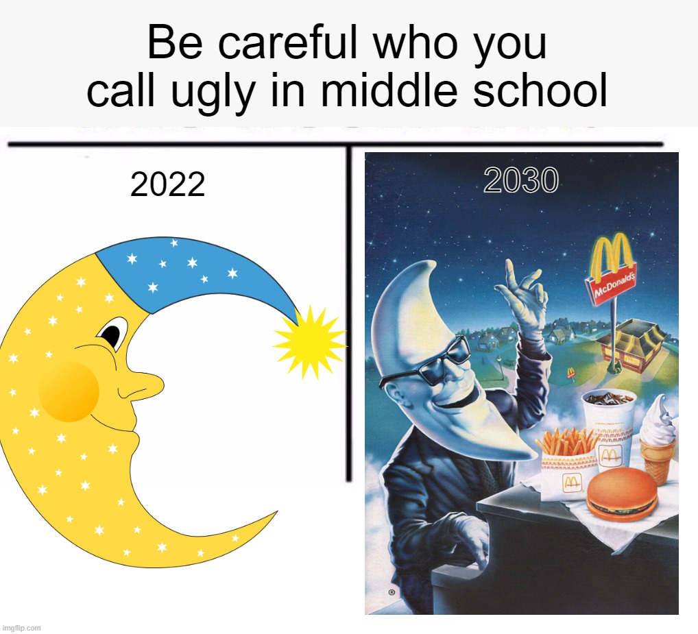 comparison table | Be careful who you call ugly in middle school; 2030; 2022 | image tagged in comparison table | made w/ Imgflip meme maker