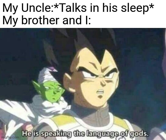 *Wakes up to find constant jabbering* | My Uncle:*Talks in his sleep*
My brother and I: | image tagged in he is speaking the language of gods,memes,uncle | made w/ Imgflip meme maker