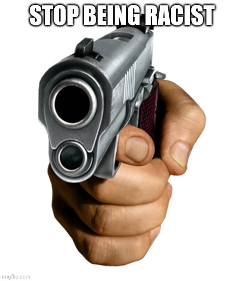 STOP BEING RACIST | image tagged in pointing gun | made w/ Imgflip meme maker