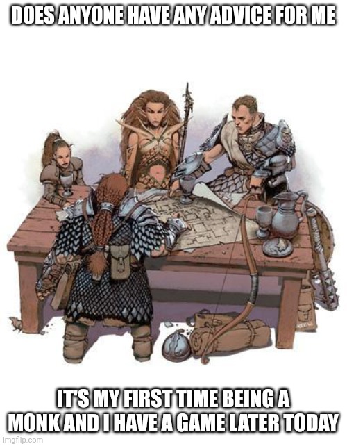 Can someone give me some pointers | DOES ANYONE HAVE ANY ADVICE FOR ME; IT'S MY FIRST TIME BEING A MONK AND I HAVE A GAME LATER TODAY | image tagged in dnd party | made w/ Imgflip meme maker