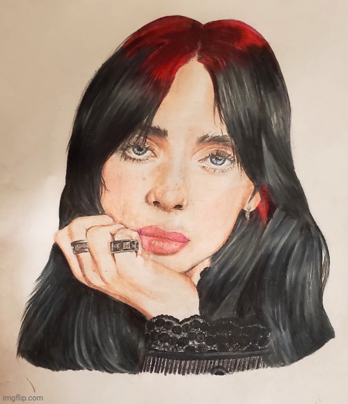 Billie Eilish red hair drawing | image tagged in drawing,art,billie eilish,pop music,edgy,goth | made w/ Imgflip meme maker